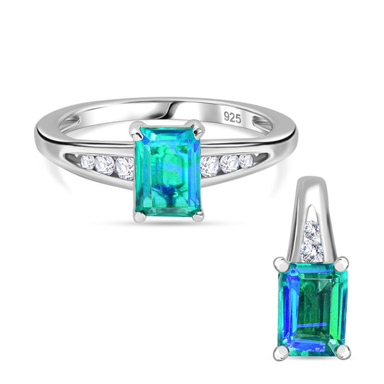 2er Set - Pfau Quarz Triplette Ring und Anhänger, 925 Silber rhodiniert, Größe (20.00), ca. 4,88 ct.