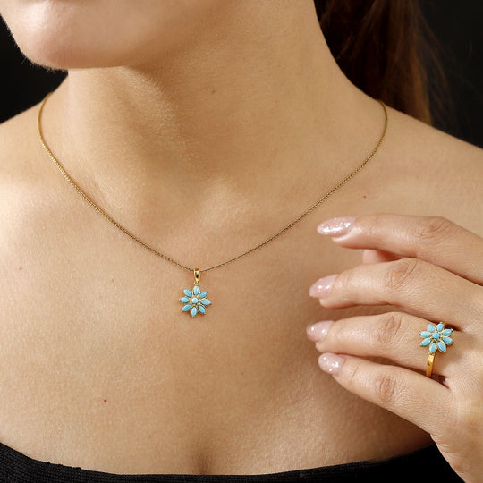 Sleeping Beauty Türkis Schmuckset 925 Silber vergoldet (Größe 19.00), ca. 1,52 ct.