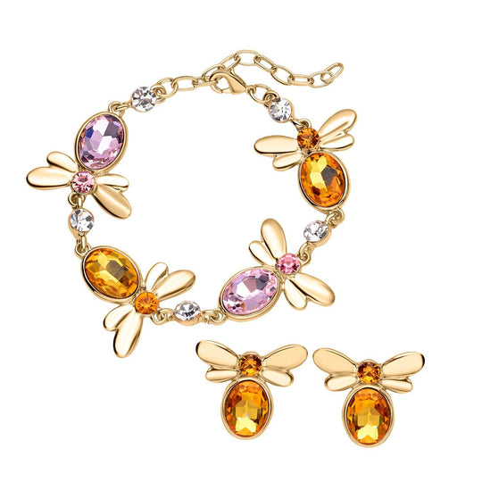 DESIGNER INSPIRIERT - 2er Set - Weißer Kristall Armband (ca. 19 cm + 5 cm Extender) und Ohrringe, goldfarben