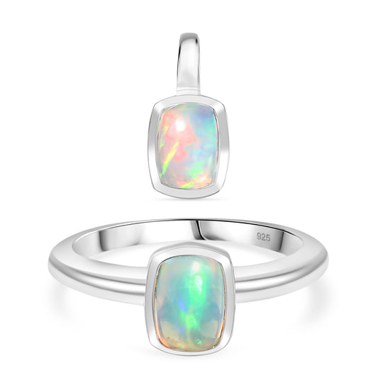 2er Set - AA Natürlicher, äthiopischer Welo Opal Anhänger und Ring, Größe (21.00), 925 Silber rhodiniert, ca. 1,89 ct.