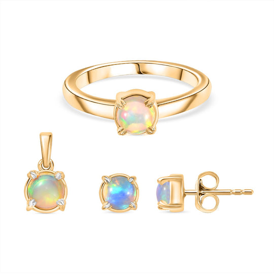 3er Set - AA Natürlicher, äthiopischer Welo Opal Anhänger, Ohrringe und Ring, Größe (19.00), ca. 1.24 ct