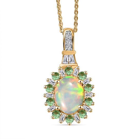 AA Natürlicher, äthiopischer Welo Opal, Tsavorite Granat Blütenzauber Anhänger mit Kette ca. 50 cm, 925 Silber 750 Gelbgold Vermeil ca. 1.78 ct