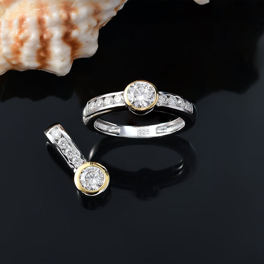 Moissanit Schmuckset 925 Silber vergoldet und platiniert (Größe 20.00) ca. 1,76 ct.