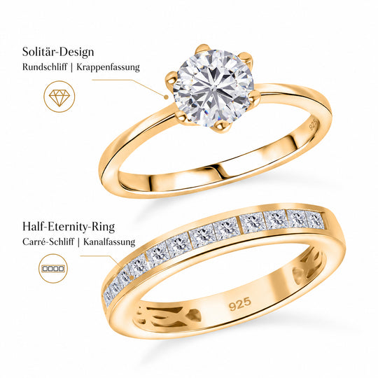D'Joy 2er-Set Moissanit Ringe, 925 Silber 750 Gelbgold Vermeil - 1,55 ct.