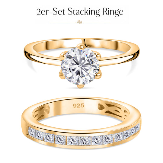 D'Joy 2er-Set Moissanit Ringe, 925 Silber 750 Gelbgold Vermeil - 1,55 ct.