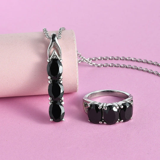 2er Set - Schwarzer Spinell Anhänger mit Kette und Ring, Edelstahl ca. 10.12 ct