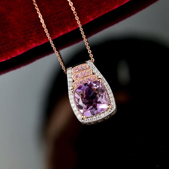 D'joy AA Rose De France Amethyst, Moissanit Anhänger mit Kette (ca. 50 cm), 925 Silber 750 Roségold Vermeil ca. 5,71 ct.