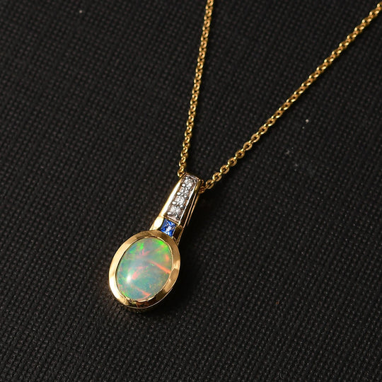 D joy Natürlicher, äthiopischer Welo Opal, Ceylon-Saphir Anhänger mit Kette, 925 Silber 750 Gelbgold Vermeil ca. 1.32 ct