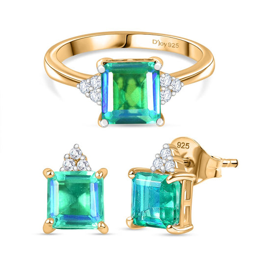 2er Set - D joy Pfau Quarz Triplette, Weißer Zirkon Ohrringe und Ring, Größe (21.00), 925 Silber Vergoldet, ca. 6.14 ct