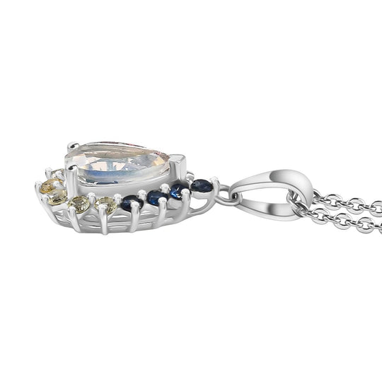 D'joy AAA Premium Malagasy Mondstein, Mehrfarbiger Saphir Cosmic Dewdrop Anhänger mit Kette ca. 50 cm, 925 Silber rhodiniert ca. 1.40 ct