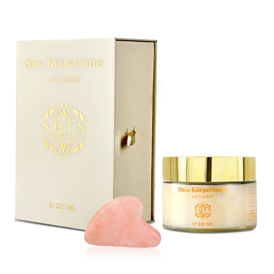 SQIN Botanicals - Shea Körperbutter mit Jojobaöl inkl. Amethyst Gua Sha, 225 ml