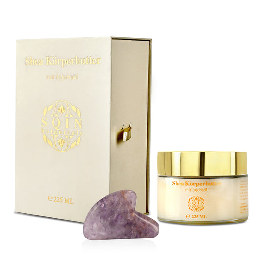 Shea Körperbutter mit Jojobaöl inkl. Opalit Gua Sha, 225 ml