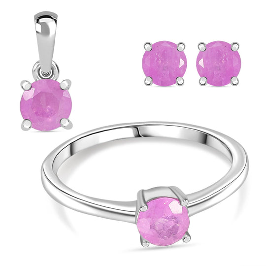 3er Set - D'Joy Ilakaka Rosa Saphir (Fissure gefüllt) Ohrringe, Ring und Anhänger, 925 Silber rhodiniert (Größe 21) ca. 1.84 ct
