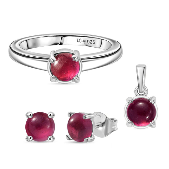 3er Set - D joy Afrikanischer Rubin (Fissure gefüllt) Ring, Ohrringe und Anhänger, 925 Silber rhodiniert (Größe 19.00) ca. 2,54 ct.