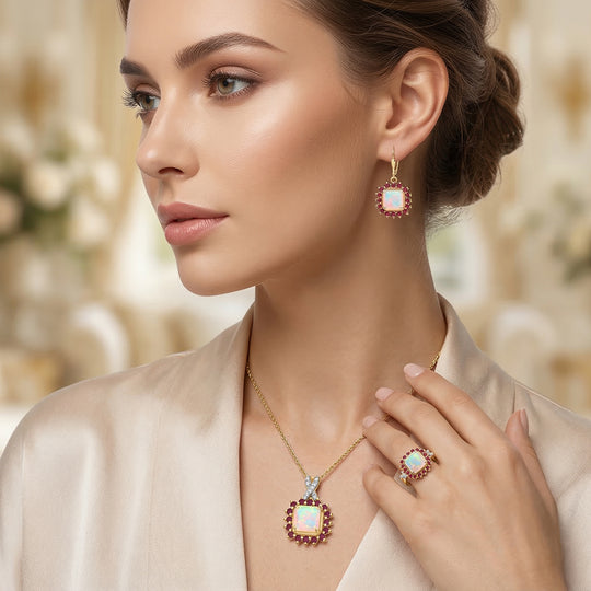 D'Joy äthiopisches Welo Opal, Niassa Rubin und Moissanit Schmuckset