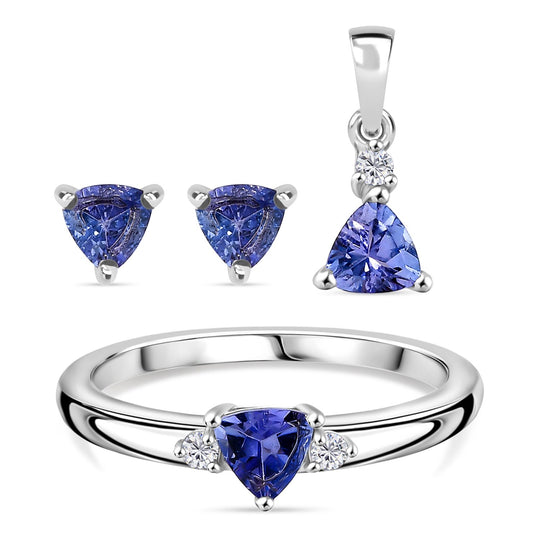 3er Set - D'Joy Tansanit Ohrringe, Ring und Anhänger, 925 Silber rhodiniert (Größe 21.00) ca. 1.15 ct