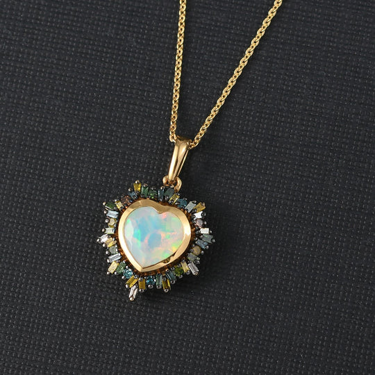 Bloom Heart- D joy Natürlicher, äthiopischer Welo Opal, Natürlicher Mehrfarbiger Diamant Anhänger mit Kette ca. 50 cm, 925 Silber 750 Gelbgold Vermeil ca. 2.05 ct