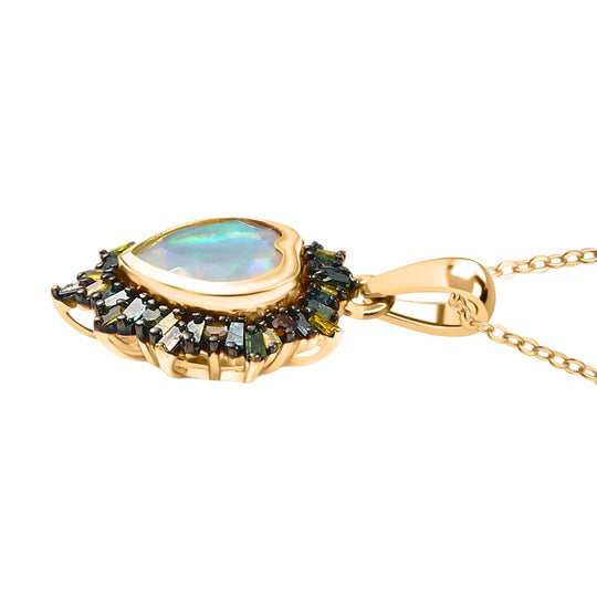 Bloom Heart- D joy Natürlicher, äthiopischer Welo Opal, Natürlicher Mehrfarbiger Diamant Anhänger mit Kette ca. 50 cm, 925 Silber 750 Gelbgold Vermeil ca. 2.05 ct