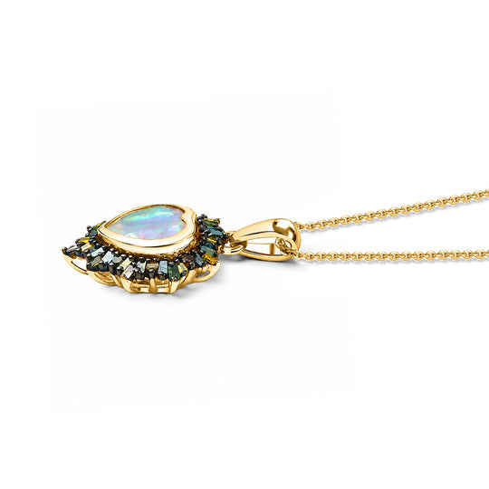 Bloom Heart- D joy Natürlicher, äthiopischer Welo Opal, Natürlicher Mehrfarbiger Diamant Anhänger mit Kette ca. 50 cm, 925 Silber 750 Gelbgold Vermeil ca. 2.05 ct