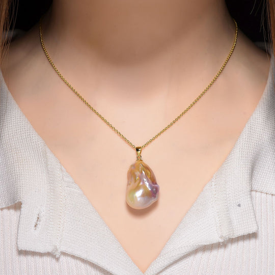 AAA mehrfarbige Süßwasser Barockperle Anhänger mit 50cm Kette, 925 Silber vergoldet
