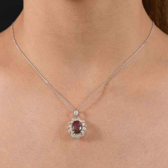 Bloomfire - D'joy Wassermelonen Quarz Triplette, Weißer Zirkon Anhänger mit Kette ca. 45 cm, 925 Silber platiniert und vergoldet ca. 4.40 ct