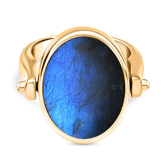 2-in-1 Blaues Türkis Ring und Anhänger im Wende-Design, Messing goldfarben, mit Edelstahlkette, (Größe 19.00), ca. 23.07 ct