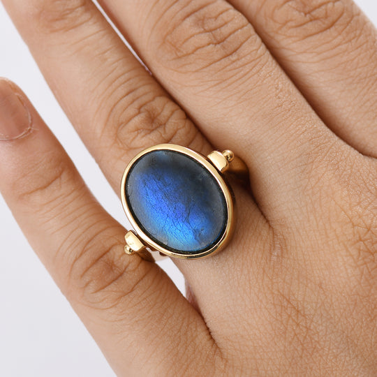 2-in-1 Blaues Türkis Ring und Anhänger im Wende-Design, Messing goldfarben, mit Edelstahlkette, (Größe 19.00), ca. 23.07 ct