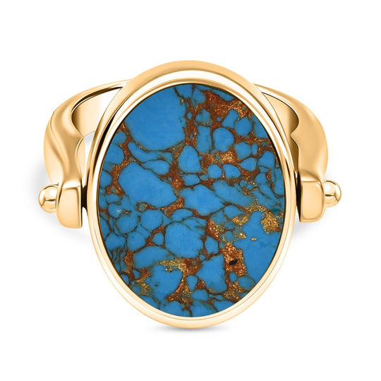 2-in-1 Blaues Türkis Ring und Anhänger im Wende-Design, Messing goldfarben, mit Edelstahlkette, (Größe 19.00), ca. 23.07 ct