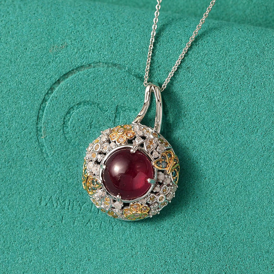 GP Italienischer Garten Kollektion - AA Afrikanischer Rubin (Fissure gefüllt), mehrfarbiger Diamanten Anhänger mit Kette ca. 45 cm, 925 Silber rhodiniert, 925 Silber Rhodiniert und 750 Gelbgold Vermeil ca. 9.71 ct