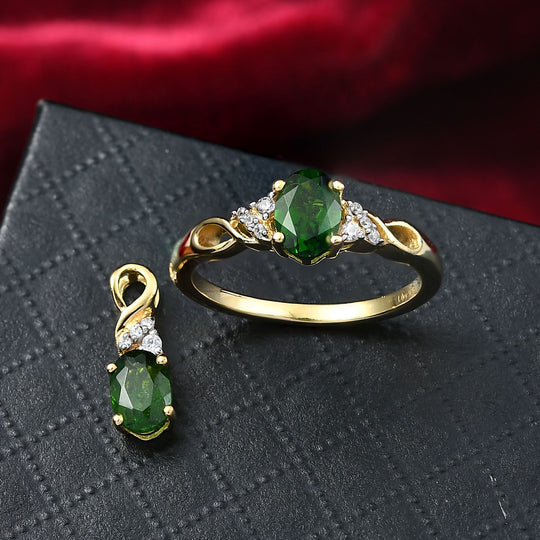 2er Set - D'joy Natürlicher Chromdiopsid Rind und Anhänger, 925 Silber vergoldet (Größe 18.00) ca. 1,87 ct.