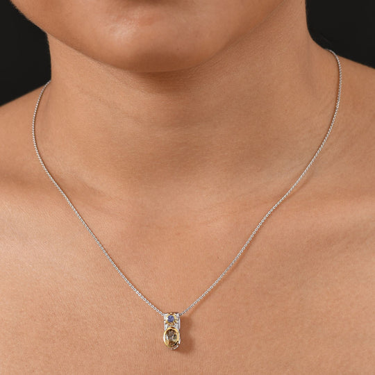D Joy Natürlicher goldener Tansanit, Tansanit Anhänger mit Kette, 925 Silber rhodiniert, 925 Silber rhodiniert und 750 Gelbgold Vermeil ca. 0.92 ct