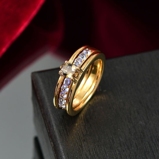 D Joy Natürlicher goldener Tansanit, Tansanit Ring Set, 925 Silber 750 Gelbgold Vermeil (Größe 20) ca. 1.07 ct