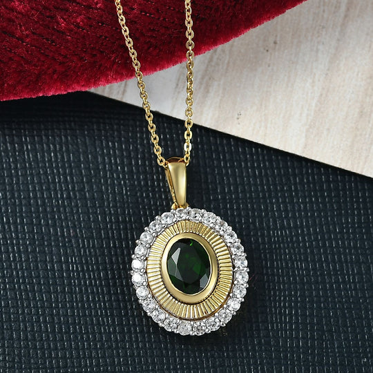 D'joy Natürlicher Chromdiopsid, Weißer Zirkon Anhänger mit Kette ca. 50 cm, 925 Silber 750 Gelbgold Vermeil ca. 2.07 ct