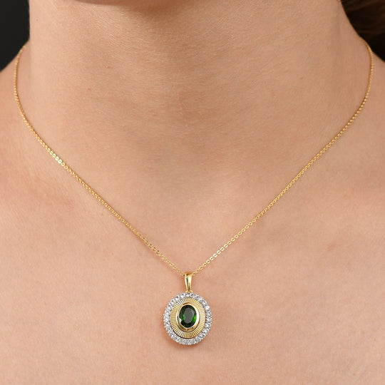 D'joy Natürlicher Chromdiopsid, Weißer Zirkon Anhänger mit Kette ca. 50 cm, 925 Silber 750 Gelbgold Vermeil ca. 2.07 ct