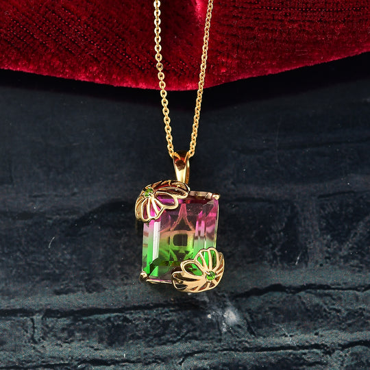 Wassermelonen Quarz Triplette, Natürlicher Chromdiopsid Anhänger mit Kette ca. 50 cm, 925 Silber 750 Gelbgold Vermeil ca. 12.73 ct