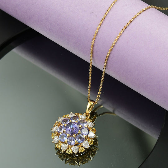 DJoy Tansanit, Moissanit und Gelber Saphir Anhänger mit Kette, 925 Silber 750 Gelbgold Vermeil ca. 4.30 ct