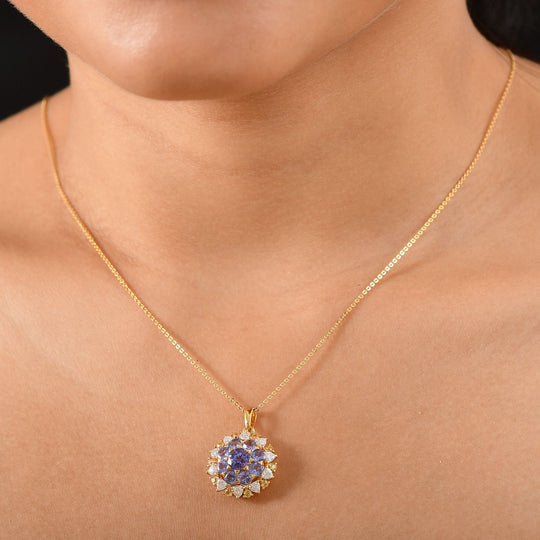DJoy Tansanit, Moissanit und Gelber Saphir Anhänger mit Kette, 925 Silber 750 Gelbgold Vermeil ca. 4.30 ct