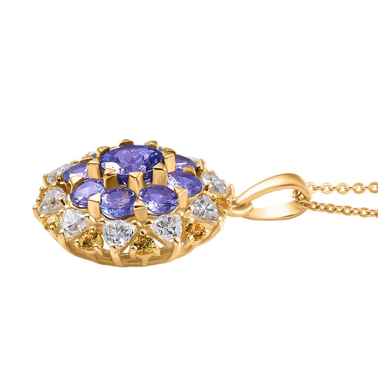 DJoy Tansanit, Moissanit und Gelber Saphir Anhänger mit Kette, 925 Silber 750 Gelbgold Vermeil ca. 4.30 ct