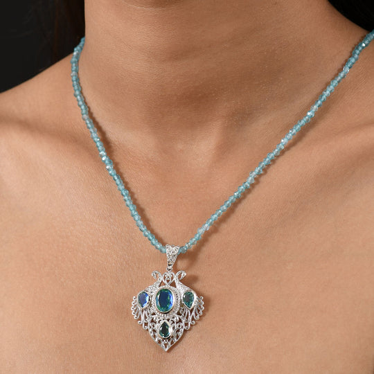 D joy Pfau Quarz Triplette Anhänger mit Kette (ca. 45 cm + 5 cm Extender), 925 Silber ca. 35.34 ct