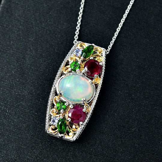 D'joy AA Mehrfarbiger Edelstein Anhänger mit Kette, ca. 50 cm, 925 Silber Rhodiniert und 750 Gelbgold Vermeil ca. 3.80 ct