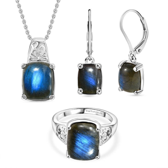 4er Set- AAA Labradorit Ohrringe, Anhänger mit Kette (ca. 50 cm) und Ring (Größe 18.00), Schmuckset, Reiner Edelstahl ca. 15.00 ct