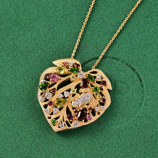 GP Mosambik Granat, Peridot Schmuckset ca. 50 cm 925 Silber 750 Gelbgold Vermeil ca. 2.82 ct