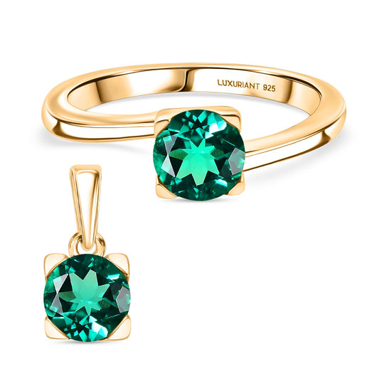 2er Set - D'Joy AAA Lab Grown Kolumbianischer Smaragd Ring und Anhänger, 925 Silber 750 Gelbgold Vermeil (Größe 21.00) ca. 1.76 ct