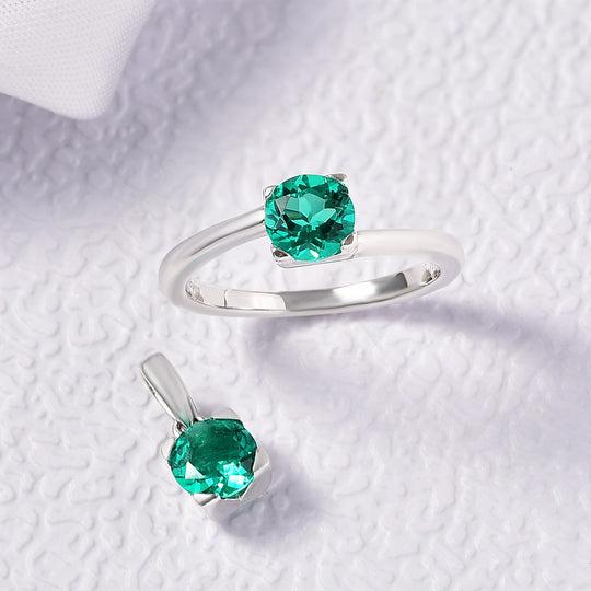 2er Set - D'Joy AAA Lab Grown Kolumbianischer Smaragd Ring und Anhänger, 925 Silber rhodiniert (Größe 20.00) ca. 1.76 ct