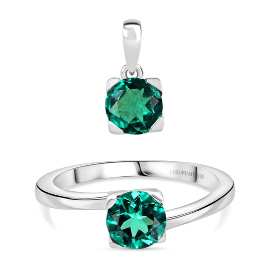 2er Set - D'Joy AAA Lab Grown Kolumbianischer Smaragd Ring und Anhänger, 925 Silber rhodiniert (Größe 20.00) ca. 1.76 ct