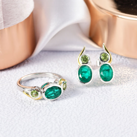 D'Joy Smaragd-Quarz Triplette Schmuckset 925 Silber platiniert und vergoldet (Größe 17) ca. 5.19 ct