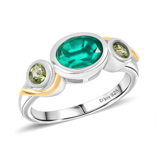 D'Joy Smaragd-Quarz Triplette Schmuckset 925 Silber platiniert und vergoldet (Größe 19) ca. 5.19 ct