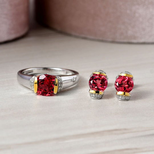 2er Set - D'joy Lab Grown Padparadscha-Saphir, Weißer Zirkon Ring und Ohrringe, 925 Silber Rhodiniert und 750 Gelbgold Vermeil (Größe 18.00) ca. 4.66 ct