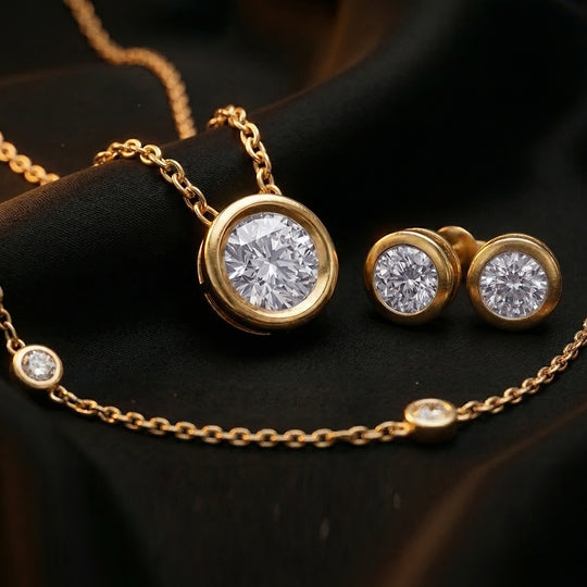 Luxuriant Diamond Trio: Labor Diamant Anhänger mit 50cm Kette Armband & Ohrringe 925 Silber Gelbgold Vermeil
