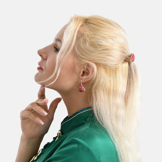 LA MAREY Signature - Song Brokat Seiden-Haarnadel und Ohrringe, Rot, Geschenkbox